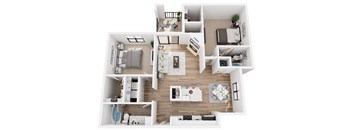 A top-down view of a modern apartment layout with a kitchen, living room, and bedrooms.