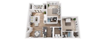 A top-down view of a modern apartment layout with a kitchen, living room, and bedrooms.