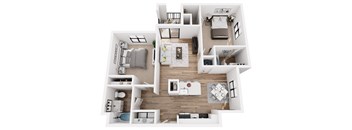 A top-down view of a modern, open-plan apartment layout.