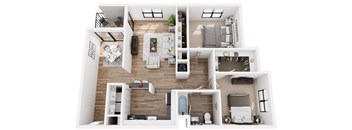 A top-down view of a modern apartment layout with a kitchen, living room, bedrooms, and bathrooms.