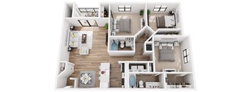 A top-down view of a modern apartment layout with multiple rooms and furniture.