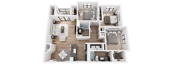 A top-down view of a modern apartment layout with a kitchen, living room, bedrooms, and bathrooms.
