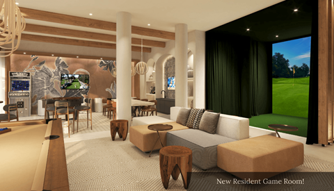 A modern game room with a golf view.