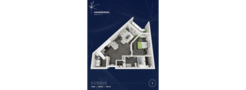 A blue poster with a diagram of a one bedroom apartment.