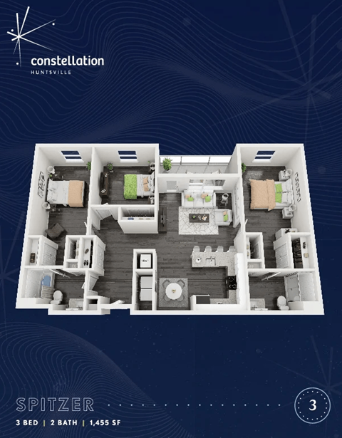 A blueprint of a 3 bedroom, 2 bathroom apartment at Constellation Huntsville.