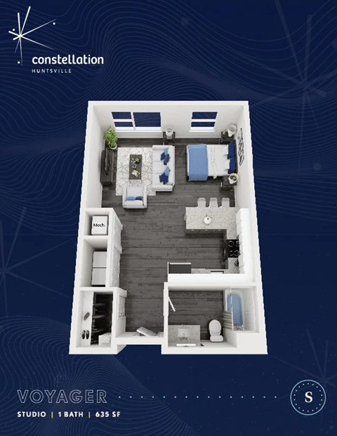 A blue and white image of a studio apartment with the text "constellation HUNTSVILLE" and "VOYAGER STUDIO | 1 BATH | 635 SF".