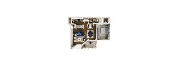 A top down view of a small apartment with a bedroom, living room, kitchen, and bathroom.