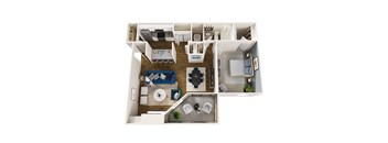 A top-down view of a small apartment with a kitchen, living room, and bathroom.