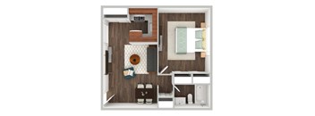 A small room with a bed, a table, and a chair.