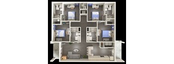 A 3D floor plan of a small apartment with two bedrooms and a living area.