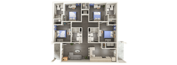 A 3D floor plan of a small apartment with two bedrooms, a living room, and a kitchen.