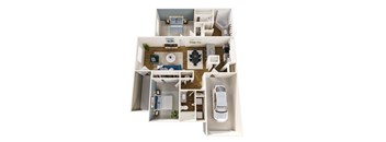 A top down view of a house interior with a car parked in the driveway.
