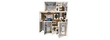 A 3D floor plan of a house with a car parked in the garage.