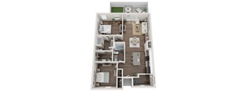 A detailed 3D floor plan of a modern apartment layout.