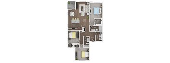 A floor plan of a house with a kitchen, living room, and three bedrooms.