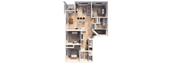 A detailed 3D floor plan of a small apartment layout.