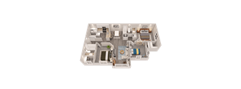 A 3D floor plan of a house with a living room, kitchen, dining area, and bedrooms.