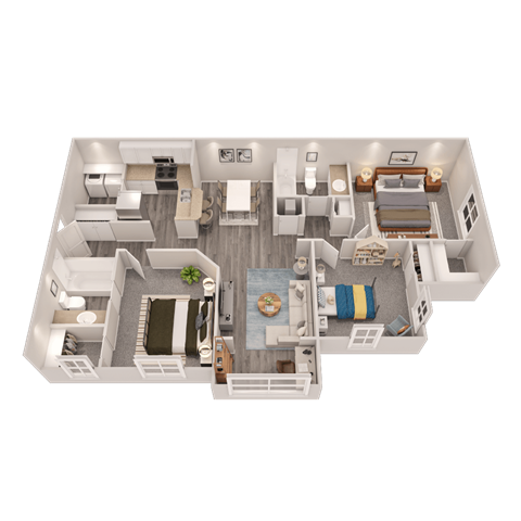 A 3D floor plan of a house with a living room, kitchen, dining area, and bedrooms.
