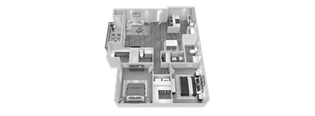 A black and white floor plan of a house with two bedrooms, a living room, a kitchen, and a bathroom.
