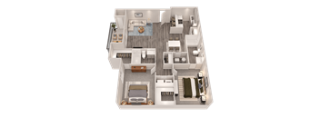 A 3D floor plan of a house with multiple rooms and furniture.