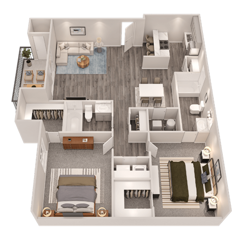 A 3D floor plan of a house with multiple rooms and furniture.