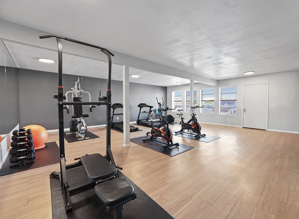A gym with a variety of equipment including a leg press machine, exercise bikes, and a squat rack.