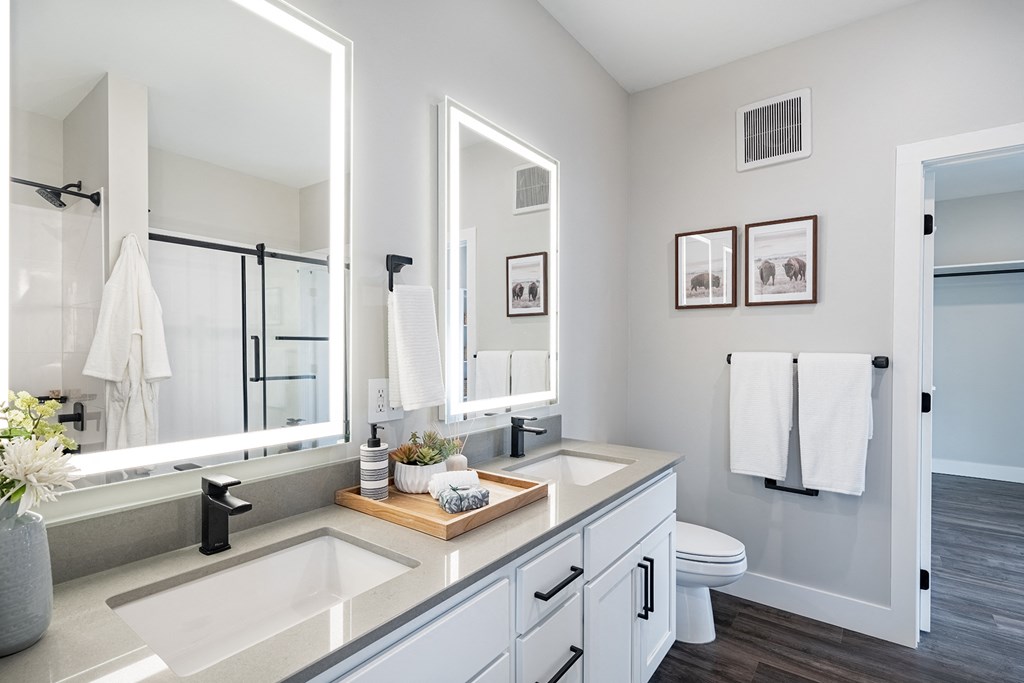 a bathroom with two sinks and a large mirror