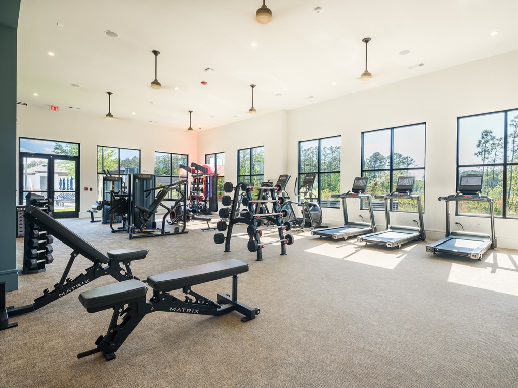 A gym with a variety of equipment including treadmills, weights, and exercise machines.
