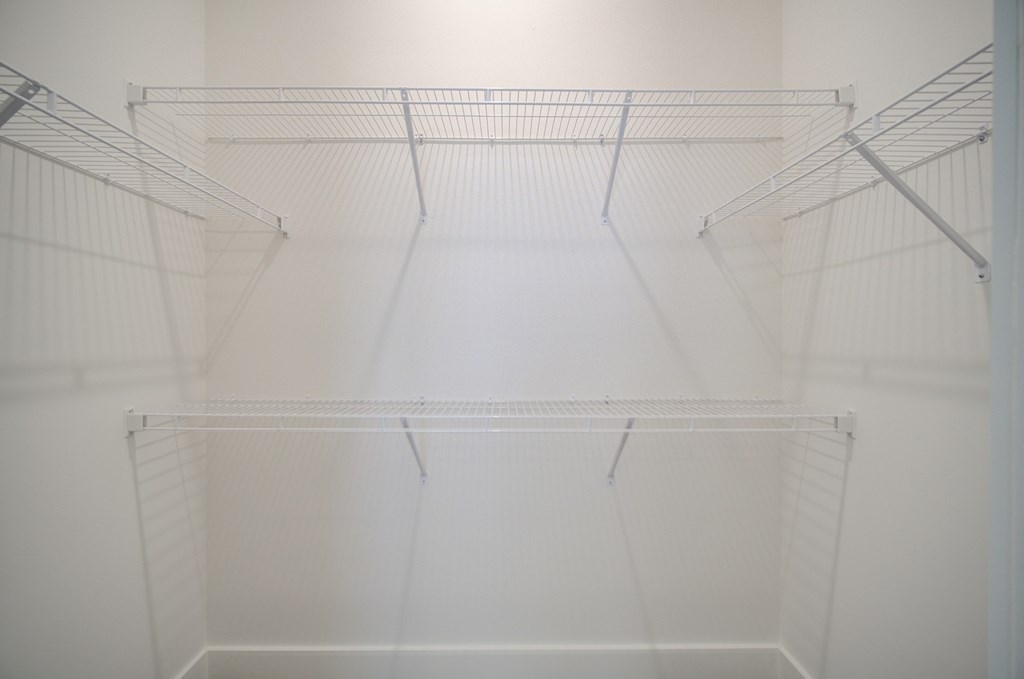 Empty shelves in a white room.