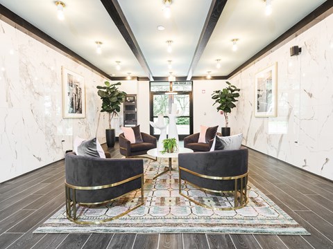 A living room with two grey sofas and a patterned rug.