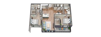 A 3D floor plan of a house with a living room, kitchen, and two bedrooms.