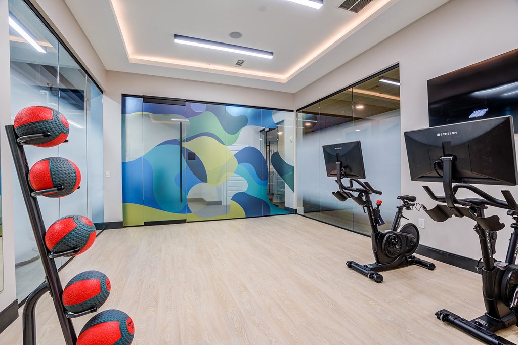 a gym with exercise equipment and a colorful mural on the wall