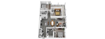 A top-down view of a house layout with a living room, kitchen, dining area, and bedrooms.