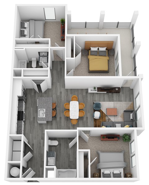 A top-down view of a house layout with a living room, kitchen, dining area, and bedrooms.