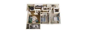 A floor plan of a house with a living room, kitchen, and bathrooms.