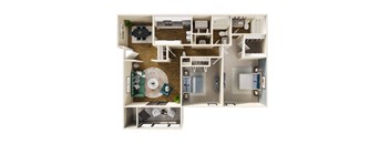 A top-down view of a small apartment layout with a kitchen, living room, and bathroom.