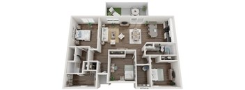 A floor plan of a two-bedroom apartment with a living room, kitchen, and bathroom.