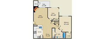 A floor plan of a house with a living area, kitchen, and bedrooms.