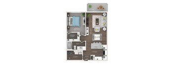 A floor plan of a small apartment with a bedroom, bathroom, kitchen, laundry, and walk-in closet.