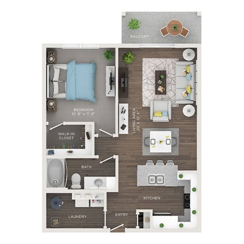 A floor plan of a small apartment with a bedroom, bathroom, kitchen, laundry, and walk-in closet.