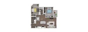A floor plan of a small apartment with two bedrooms, a living area, a kitchen, a dining area, a laundry room, and a closet.