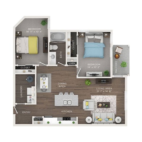 A floor plan of a small apartment with two bedrooms, a living area, a kitchen, a dining area, a laundry room, and a closet.