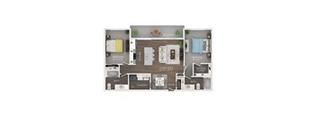 A floor plan of a small apartment with a living area, two bedrooms, a kitchen, bathroom, laundry, and a balcony.