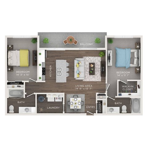 A floor plan of a small apartment with a living area, two bedrooms, a kitchen, bathroom, laundry, and a balcony.