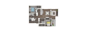 A floor plan of a small apartment with two bedrooms, a living area, and a balcony.