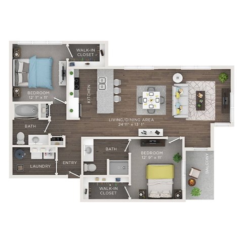 A floor plan of a small apartment with two bedrooms, a living area, and a balcony.