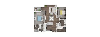 A floor plan of an apartment with a balcony, two bedrooms, a kitchen, a laundry area, and a walk-in closet.