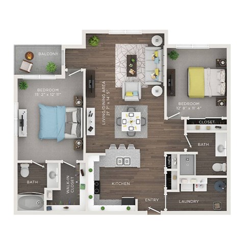 A floor plan of an apartment with a balcony, two bedrooms, a kitchen, a laundry area, and a walk-in closet.