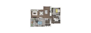 A floor plan of a house with a living area, kitchen, dining area, bedrooms, bathrooms, and a laundry room.