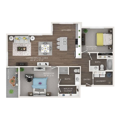 A floor plan of a house with a living area, kitchen, dining area, bedrooms, bathrooms, and a laundry room.
